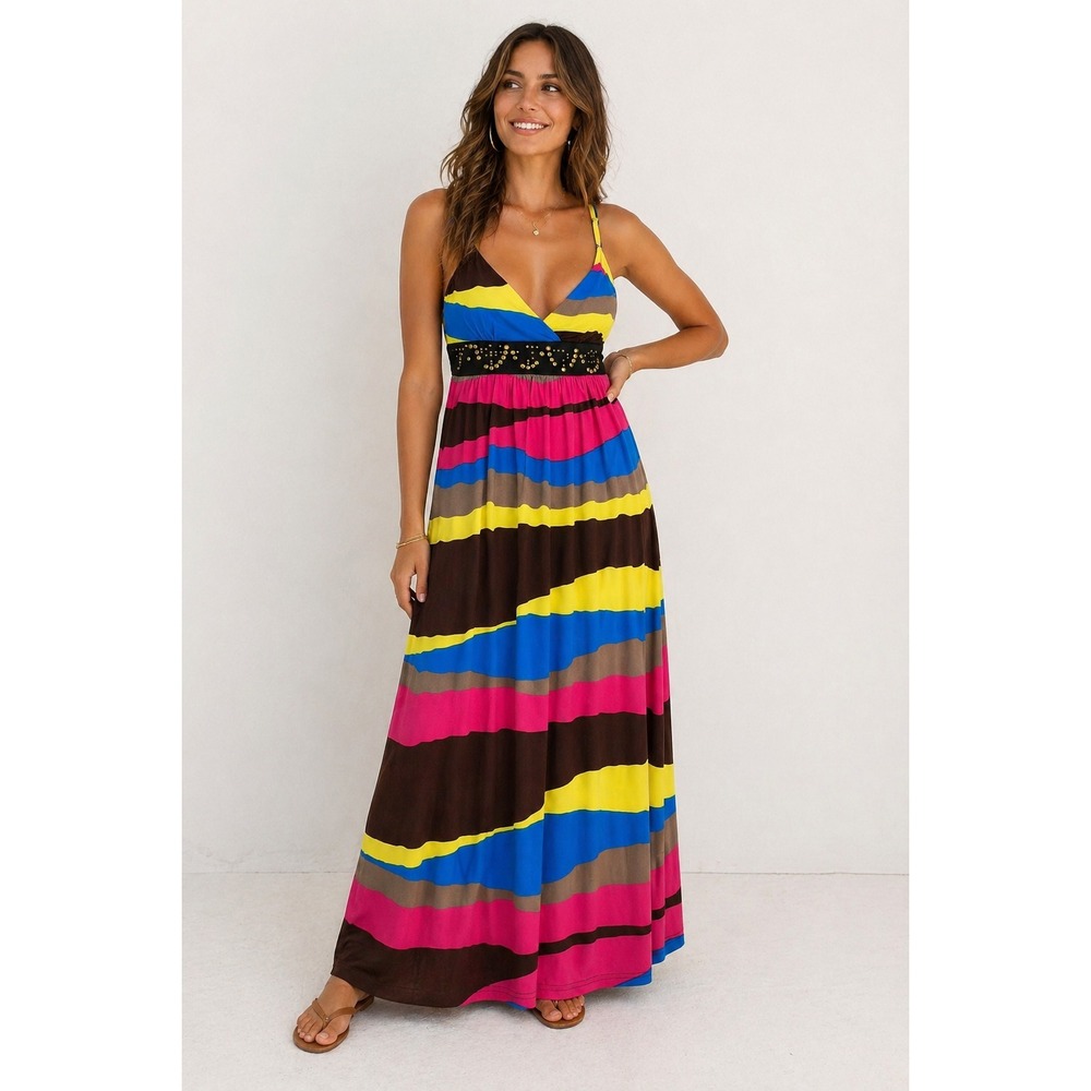 Y2K Second Skin NYC XL Maxi Dress Colorblock Abstract Empire Waist Studded Boho